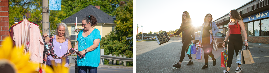 side by side - Left: two women looking at a dress at a clothing rack on the street in front of a store Right: group of women with shopping bags