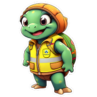 cartoon turtle wearing a high visibility vest and an orange hat 